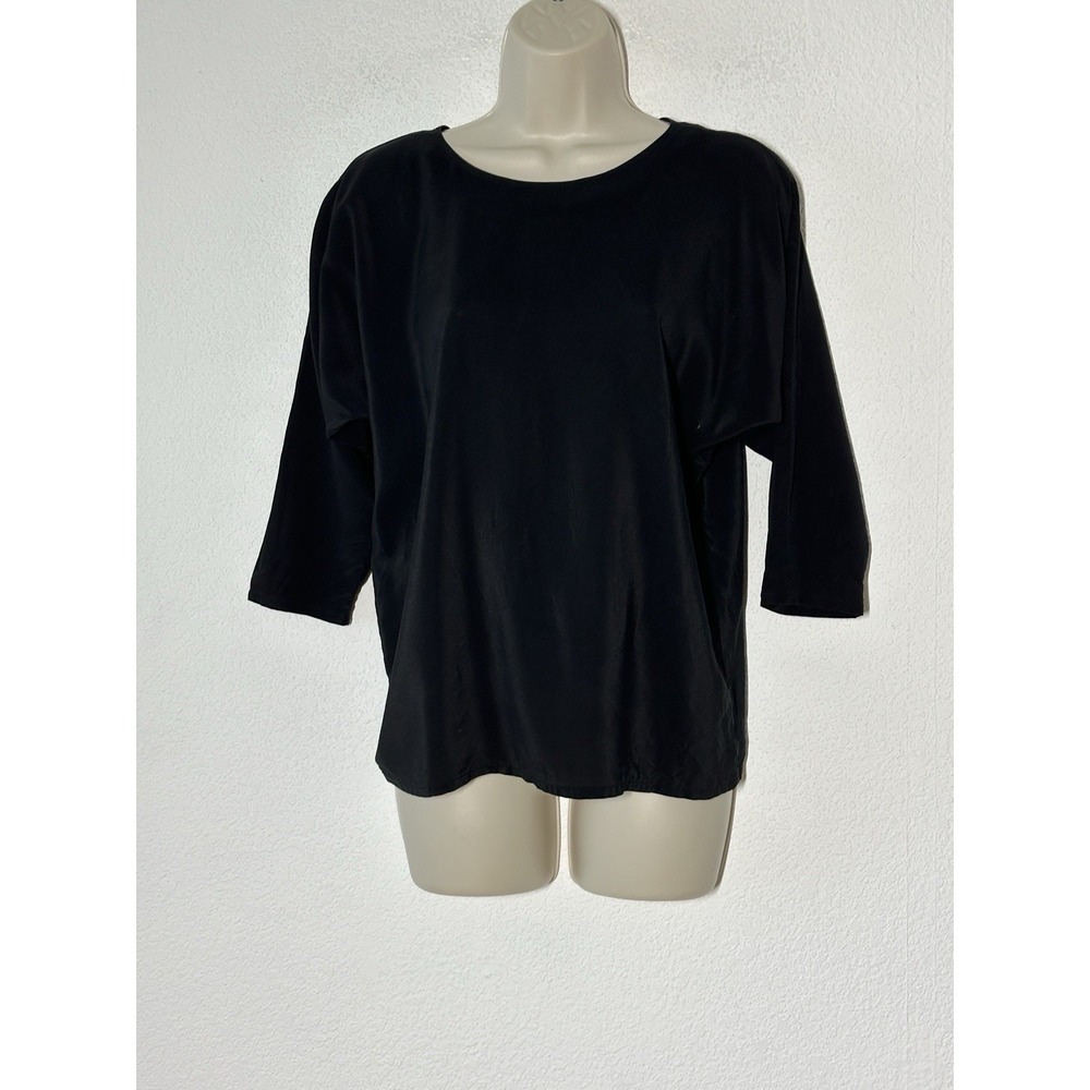 Vtg Saks 5th Avenue 100% Silk Black 1/2 Sleeve Blouse Career Minimalist Core S